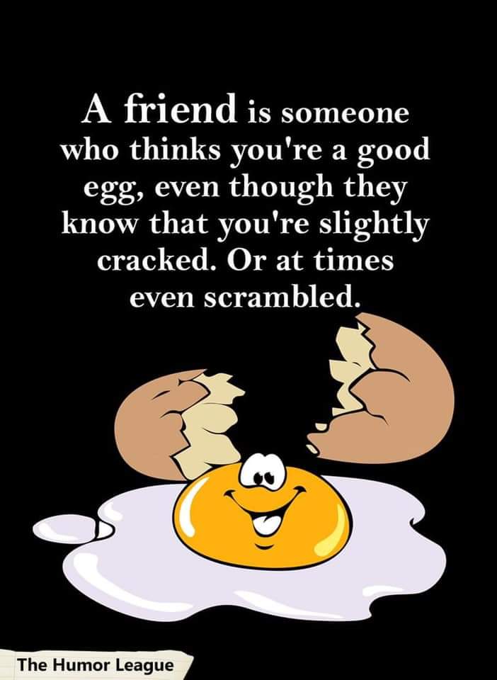 Drawing of an egg with a smiling face. Text: A friend is someone who thinks you're a good egg, even though they know that you're slightly cracked. Or at times even scrambled.
